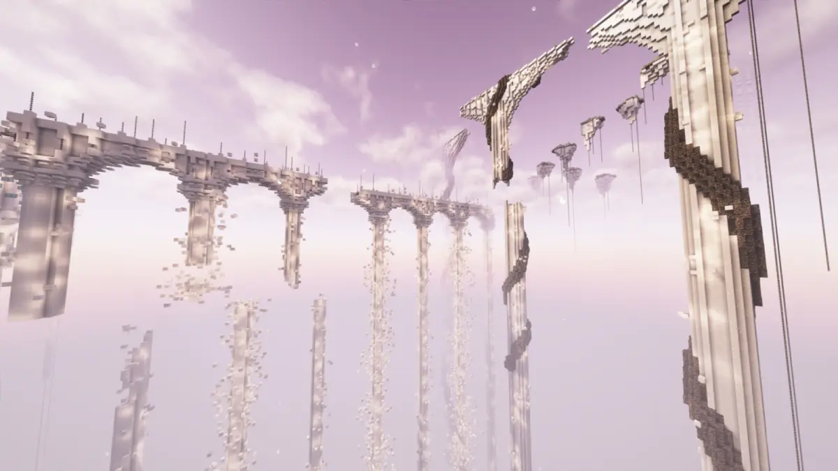 Pale stone arches breaking apart in a violet sky, debris falling into cloud.