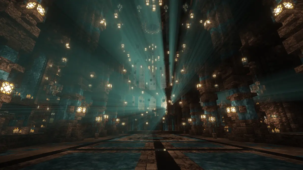A vast dark hall lit by hundreds of lanterns and shafts of teal light.