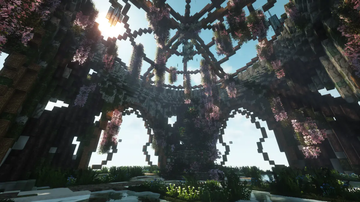 Sunlight falling through a flowering stone canopy above a garden pool.